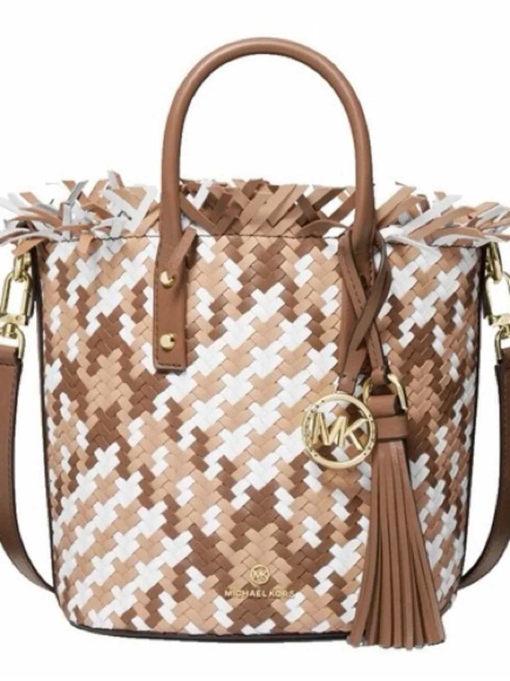 Michael Kors Marley Bucket Tan & White Woven Tote Bag